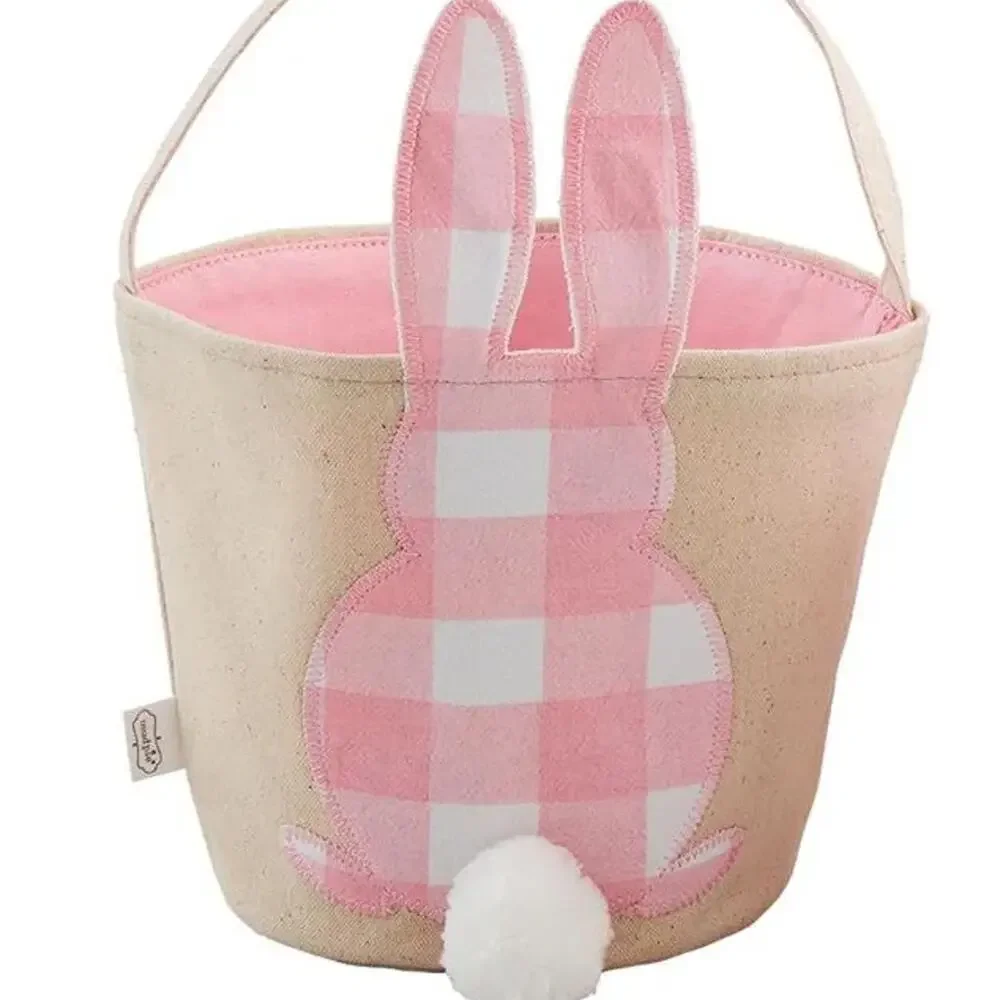 2 pc Mud Pie Pink Check Bunny Baskets Bunny Tail Canvas and Bunny Ears Pink Che